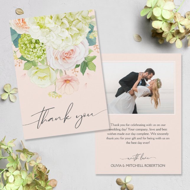 Chic Watercolor Florals Wedding Photo Thank You Card (Watercolor florals on front, your photo and message on the back of flat wedding thank you cards)