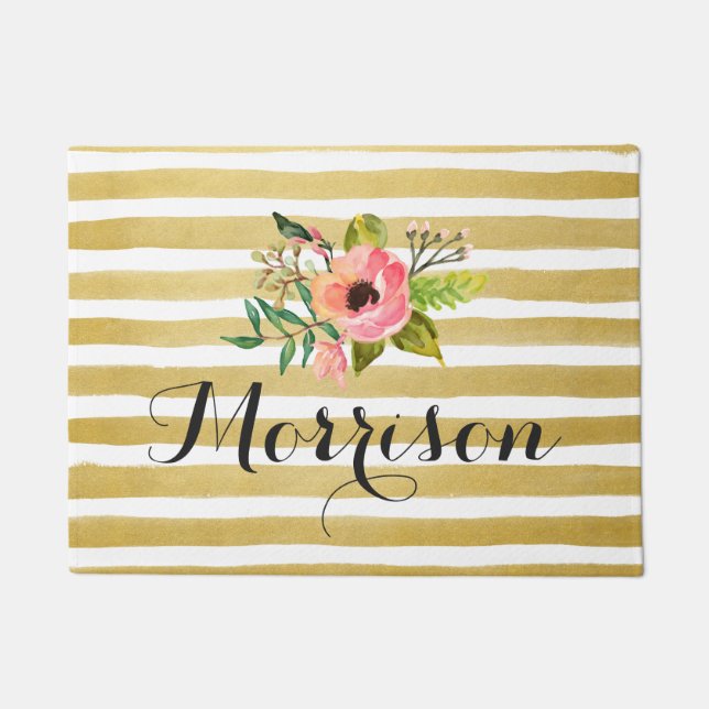 Chic Watercolor Flower with Gold White Stripes Doormat (Front)