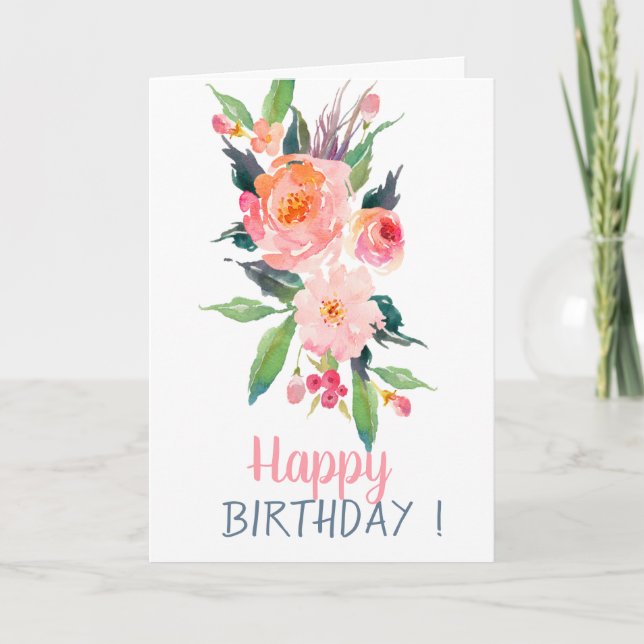 Chic Watercolor Flowers Birthday Card (Front)