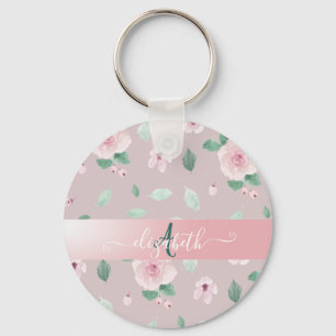 Chic Watercolor Flowers Monogram Key Ring