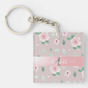 Chic Watercolor Flowers Monogram Key Ring
