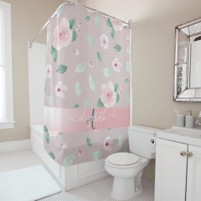 Chic Watercolor Flowers Monogram Shower Curtain (In Situ)