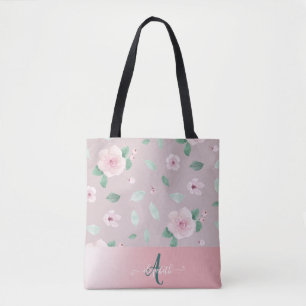 Chic Watercolor Flowers Monogram  Tote Bag