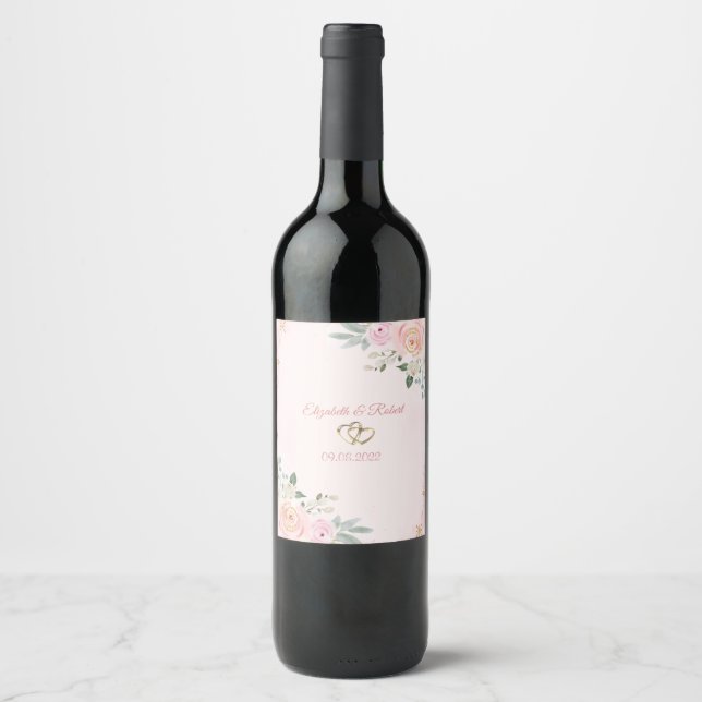 Chic Watercolor Flowers Snowflakes  Wedding Wine Label (Front)