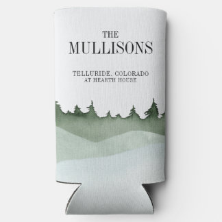 Chic Watercolor Forest Landscape Mountain Wedding Seltzer Can Cooler