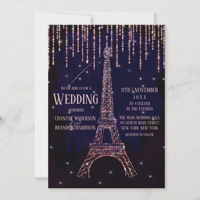Chic Watercolor Glitter Paris Eiffel Tower Wedding Invitation (Front)