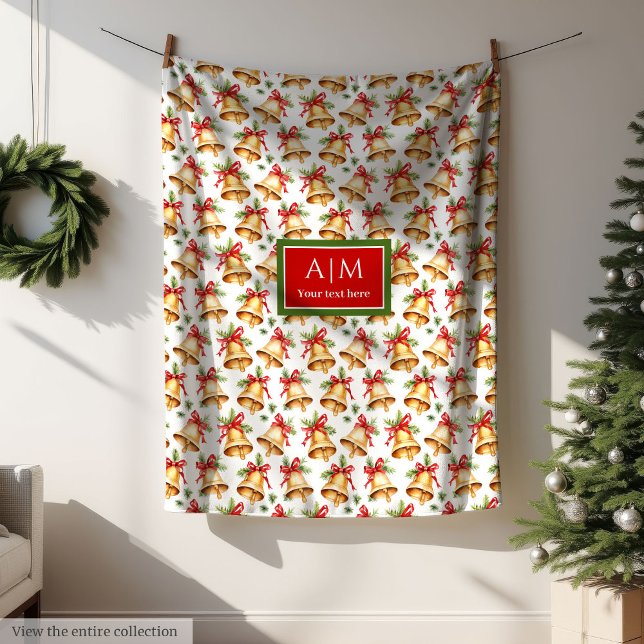 Chic watercolor gold Christmas bells personalised Fleece Blanket (Monogrammed watercolor Christmas tree cozy blanket)