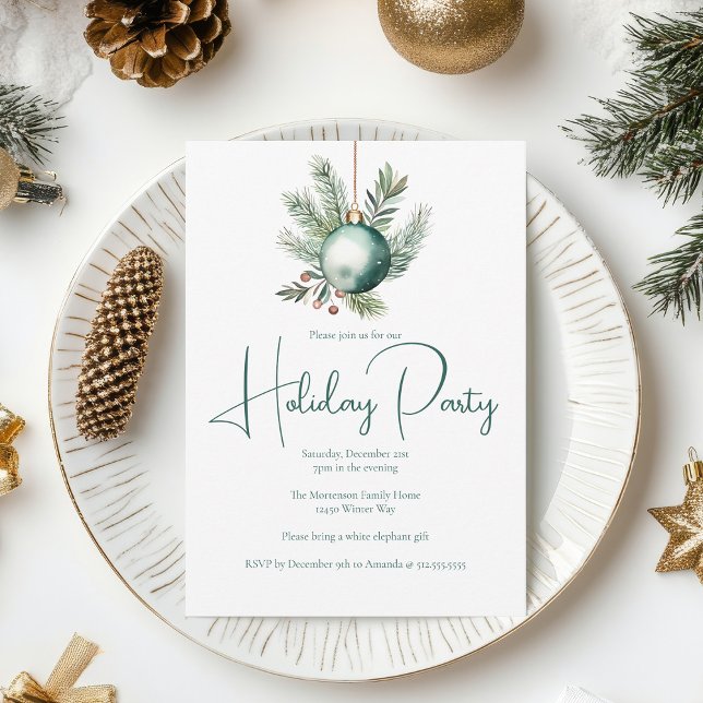 Chic Watercolor Green Ornament Holiday Party Invitation (Creator Uploaded)