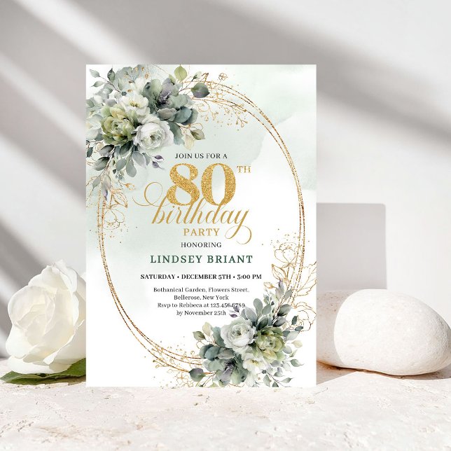 Chic Watercolor Greenery 80th Birthday Invite (Chic Watercolor Greenery 80th Birthday Invite)