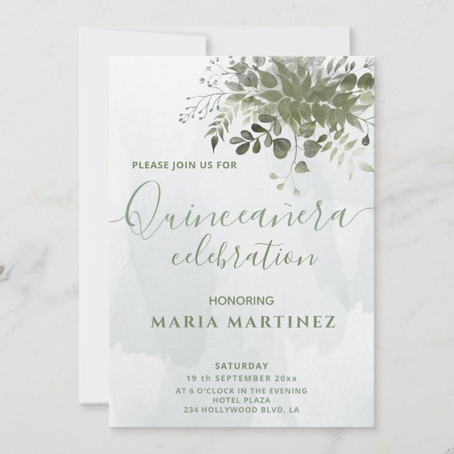Chic watercolor greenery eucalyptus Quinceañera Invitation (Front)