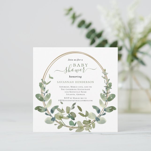 Chic Watercolor Greenery Gold Baby Shower Invitation (Standing Front)