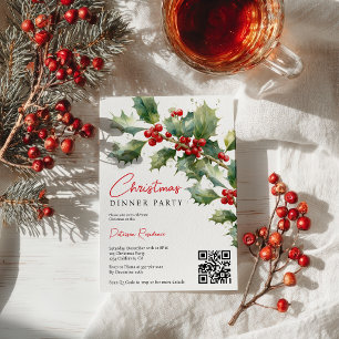 Chic Watercolor Holly Berries Christmas Corporate Invitation