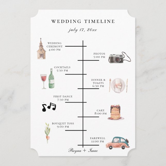 Chic Watercolor Illustrated Wedding Timeline Programme (Front)