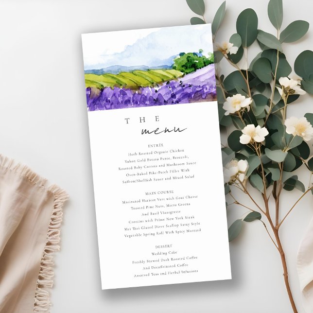 Chic Watercolor Lavender Fields Wedding Menu Card (Creator Uploaded)