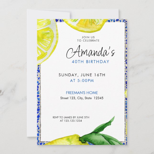 Chic Watercolor Lemon 40th Birthday Invitation (Front)