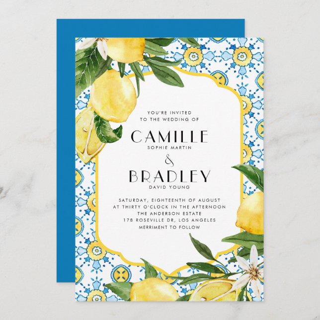 Chic Watercolor Lemon Mediterranean Summer Wedding Invitation (Front/Back)