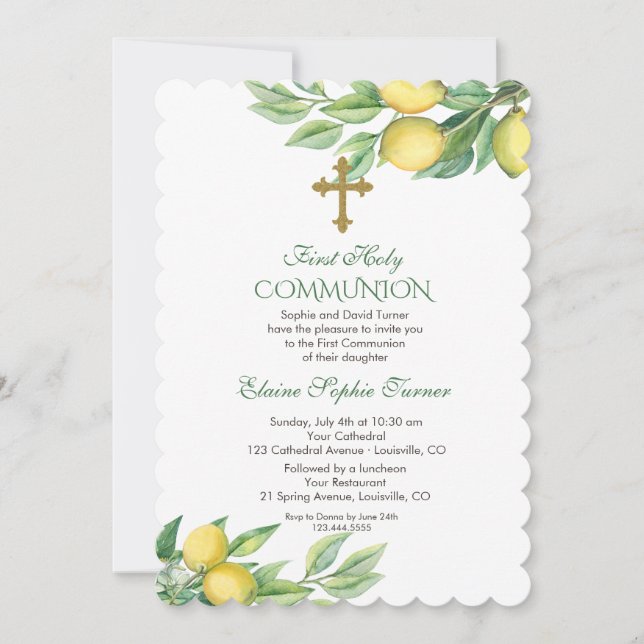 Chic Watercolor Lemon Tropical Holy Communion Invitation (Front)