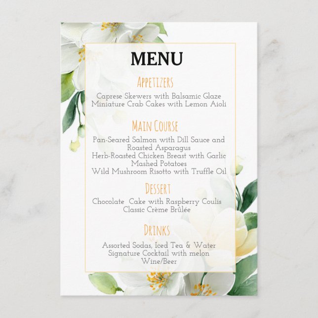 Chic Watercolor Magnolia & Jasmine Wedding Menu (Front)