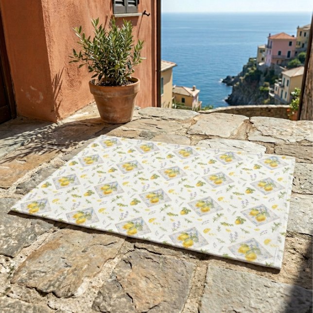 Chic Watercolor Mediterranean Lemon Tile Pattern Doormat (Creator Uploaded)