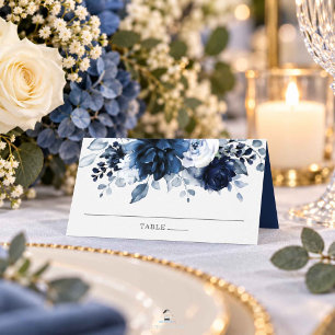 Chic Watercolor Navy Dusty Blue Floral Wedding Place Card