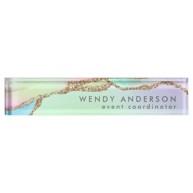 Chic Watercolor Pastel Rainbow Gold Glitter Agate Nameplate (Front)