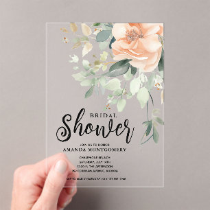 Chic Watercolor Peach Floral Bridal Shower Acrylic Invitations