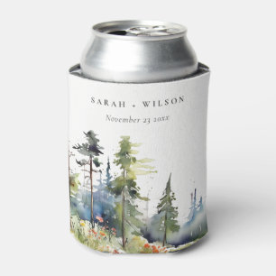 Chic Watercolor Pine Forest Landscape Wedding Can Cooler