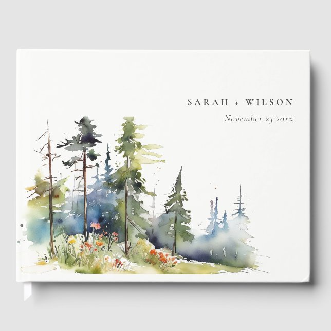 Chic Watercolor Pine Forest Landscape Wedding Guest Book (Front)
