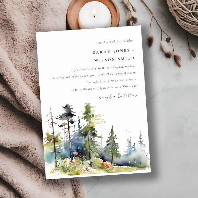 Chic watercolor Pine Forest Landscape Wedding Invitation (Creator Uploaded)
