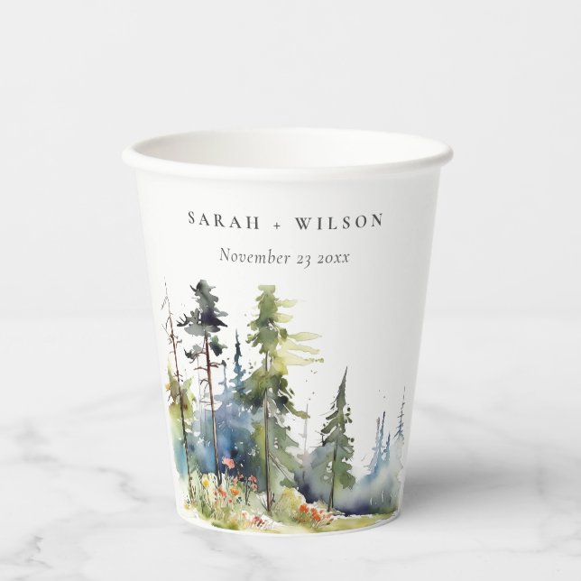 Chic Watercolor Pine Forest Landscape Wedding Paper Cups (Front)