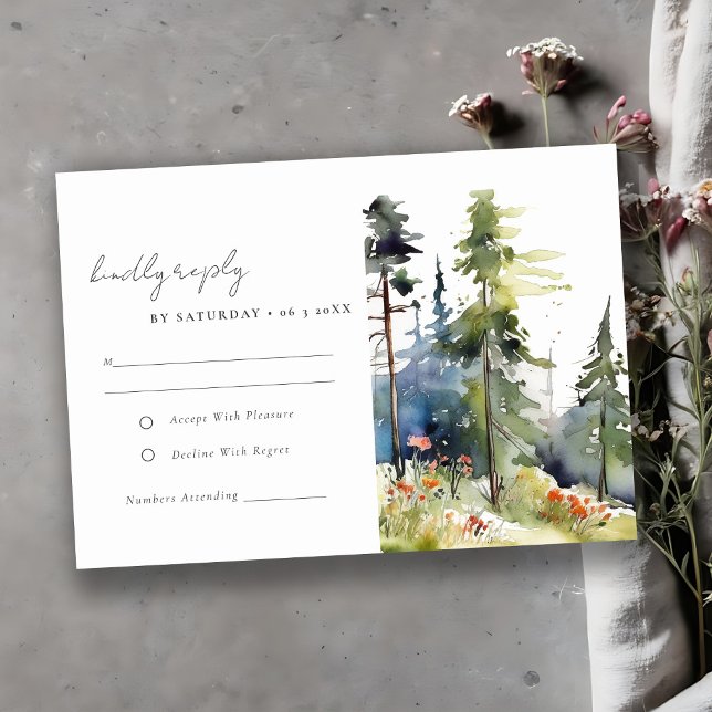 Chic Watercolor Pine Forest Landscape Wedding RSVP Card (Creator Uploaded)