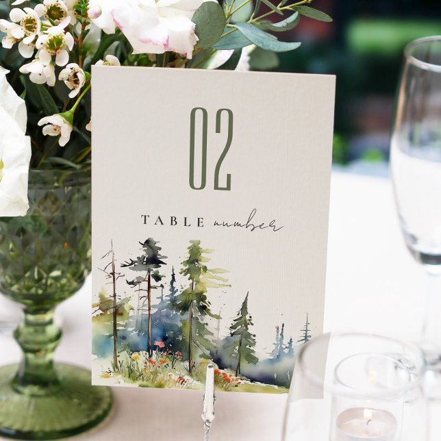 Chic watercolor Pine Forest Landscape Wedding Table Number (Creator Uploaded)