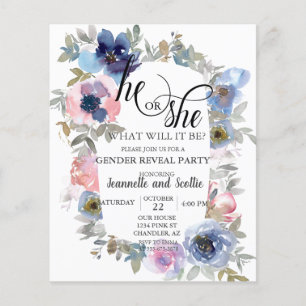 Chic Watercolor Pink Blue Flower Gender Reveal  Flyer