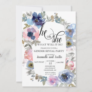 Chic Watercolor Pink Blue Flower Gender Reveal Invitation