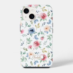 Chic Watercolor Pink Blush Blue Flowers Pattern iPhone 14 Case