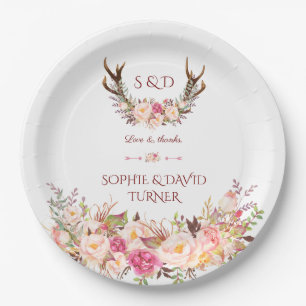 Chic Watercolor Pink Blush Floral Antlers Wedding Paper Plate