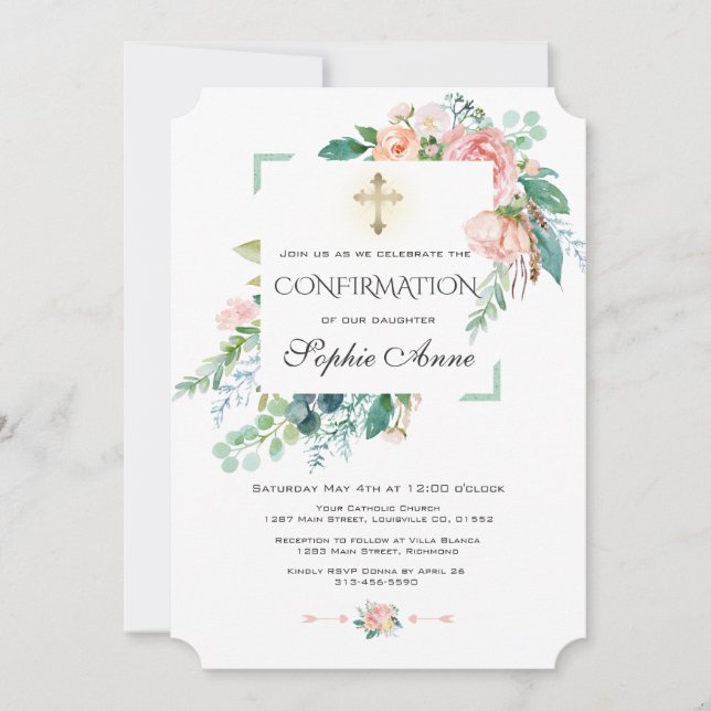 Chic Watercolor Pink Blush Floral Confirmation Invitation (Front)