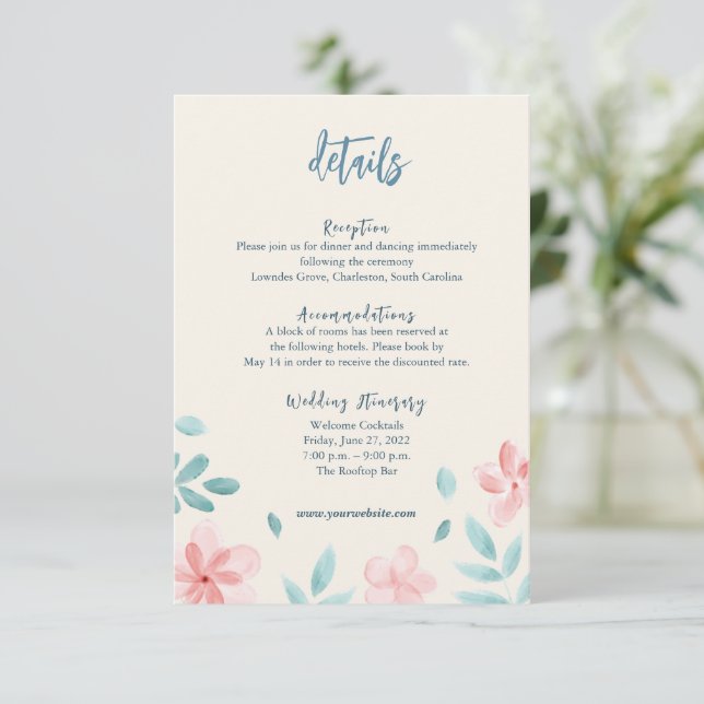 Chic Watercolor Pink Floral Detail Enclosure Card (Standing Front)
