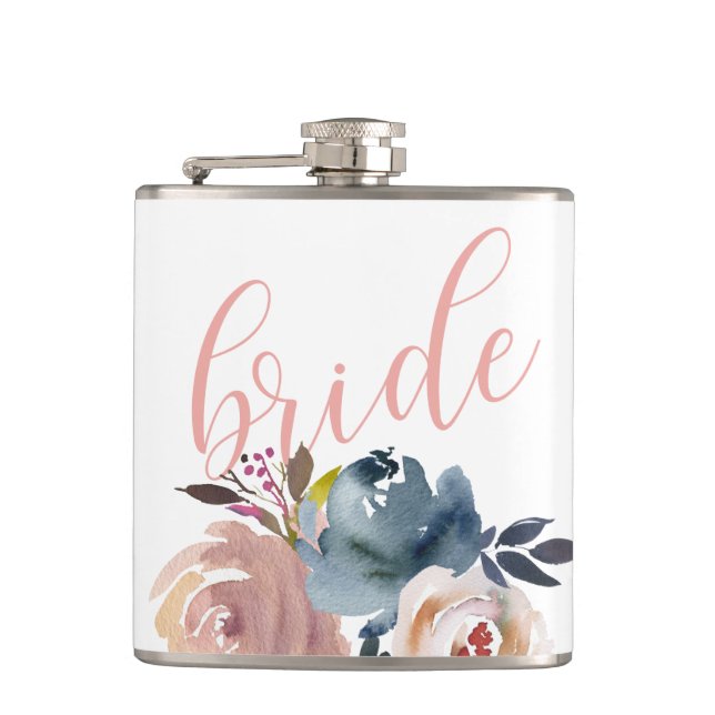 Chic Watercolor Pink Flower Bride Wedding Hip Flask (Front)
