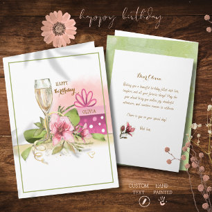Chic Watercolor Pink Magnolia Champagne Birthday Card