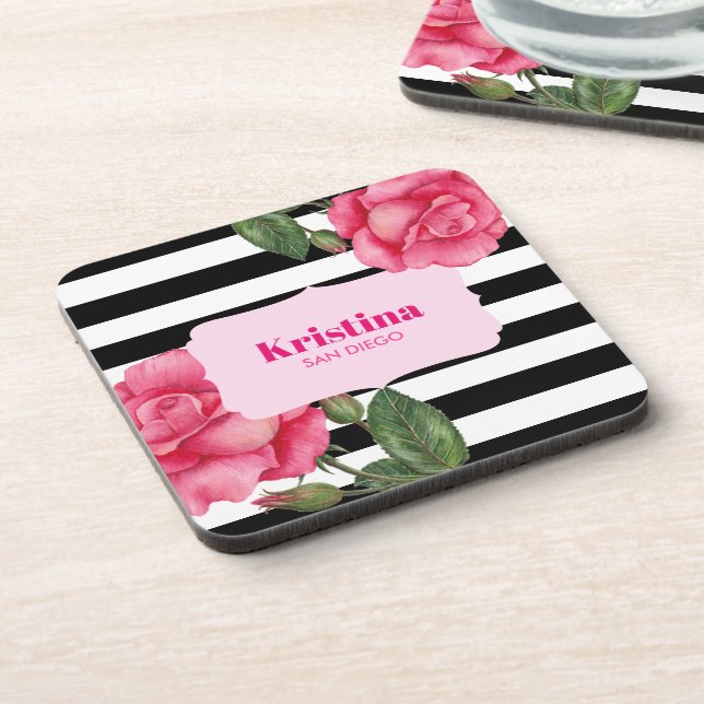 Chic Watercolor Pink Roses Black White Stripes Coaster (Left Side)