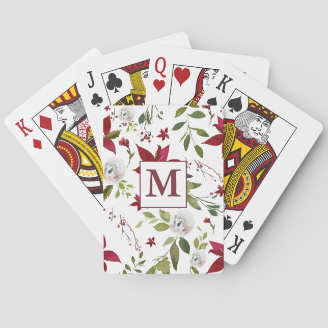 Chic Watercolor Poinsettia Floral Monogram Playing Cards (Back)