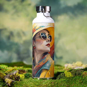 Chic Watercolor Portrait with Color Splash Art Water Bottle