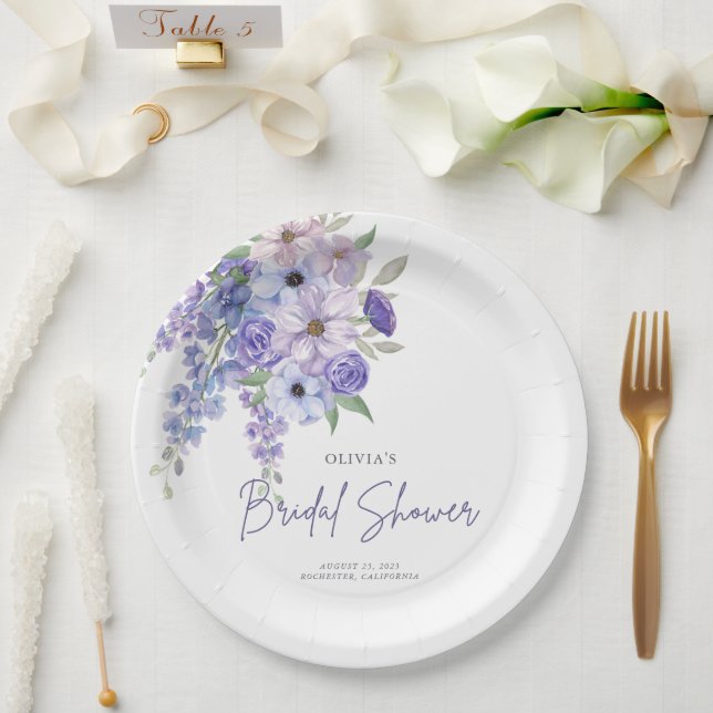 Chic Watercolor Purple Flower Script Bridal Shower Paper Plate (Wedding)