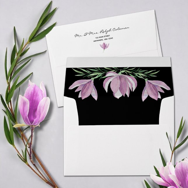 Chic Watercolor Purple Magnolias Envelope (Chic watercolor purple magnolias on white envelopes with FREE return address on the back flap)