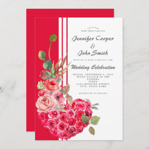 Chic Watercolor Rose Heart Modern Floral Wedding  Invitation
