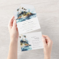 Chic Watercolor Seascape Palm Tree Island Wedding