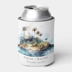 Chic Watercolor Seascape Palm Tree Island Wedding Can Cooler