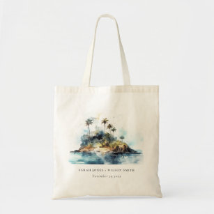 Chic Watercolor Seascape Palm Tree Island Wedding Tote Bag