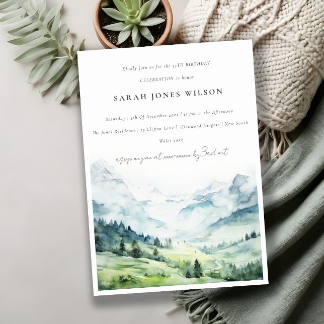 Chic Watercolor Snow Mountain Landscape Birthday Invitation (Creator Uploaded)